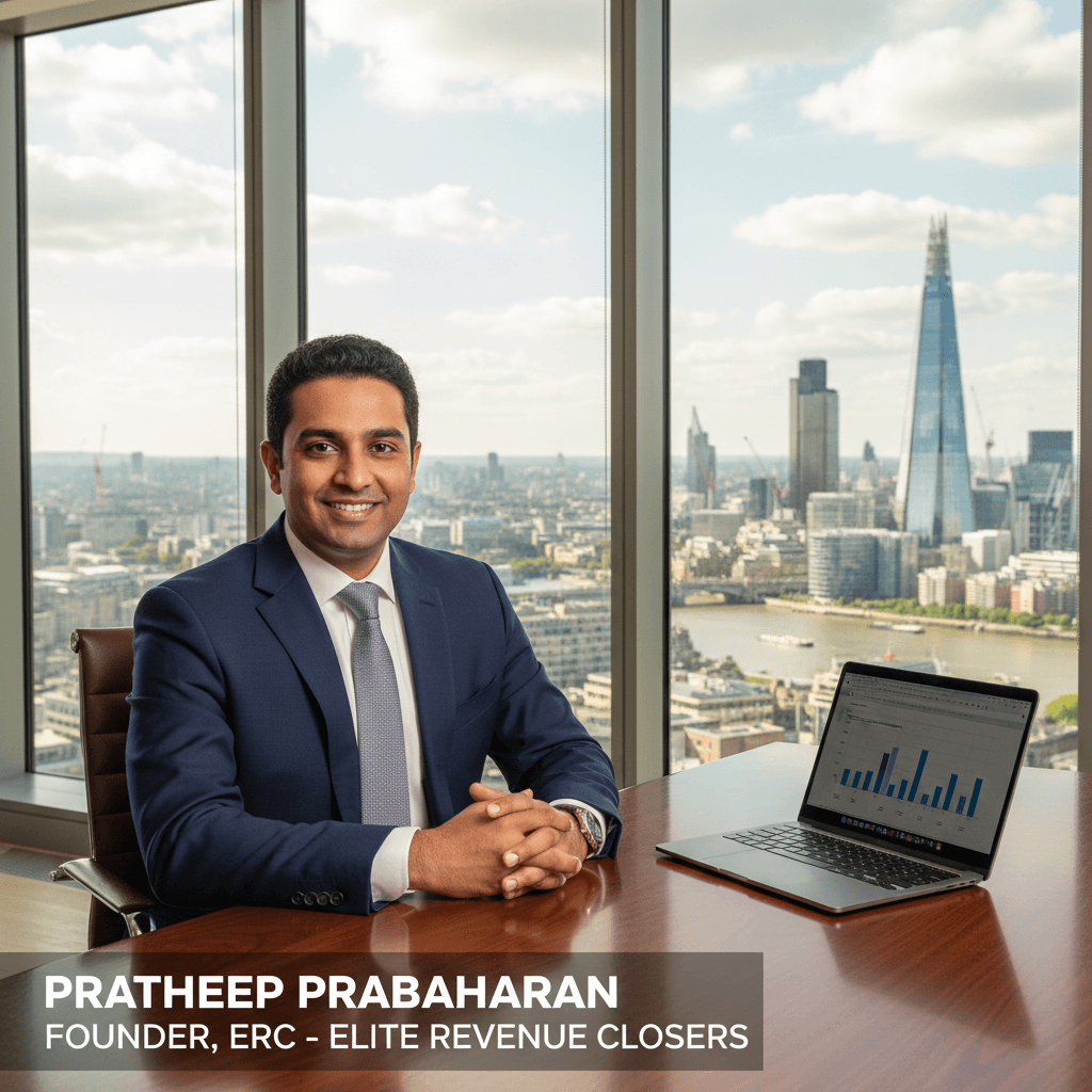 Pratheep Prabaharan, Founder of ERC, in a modern office with London skyline view