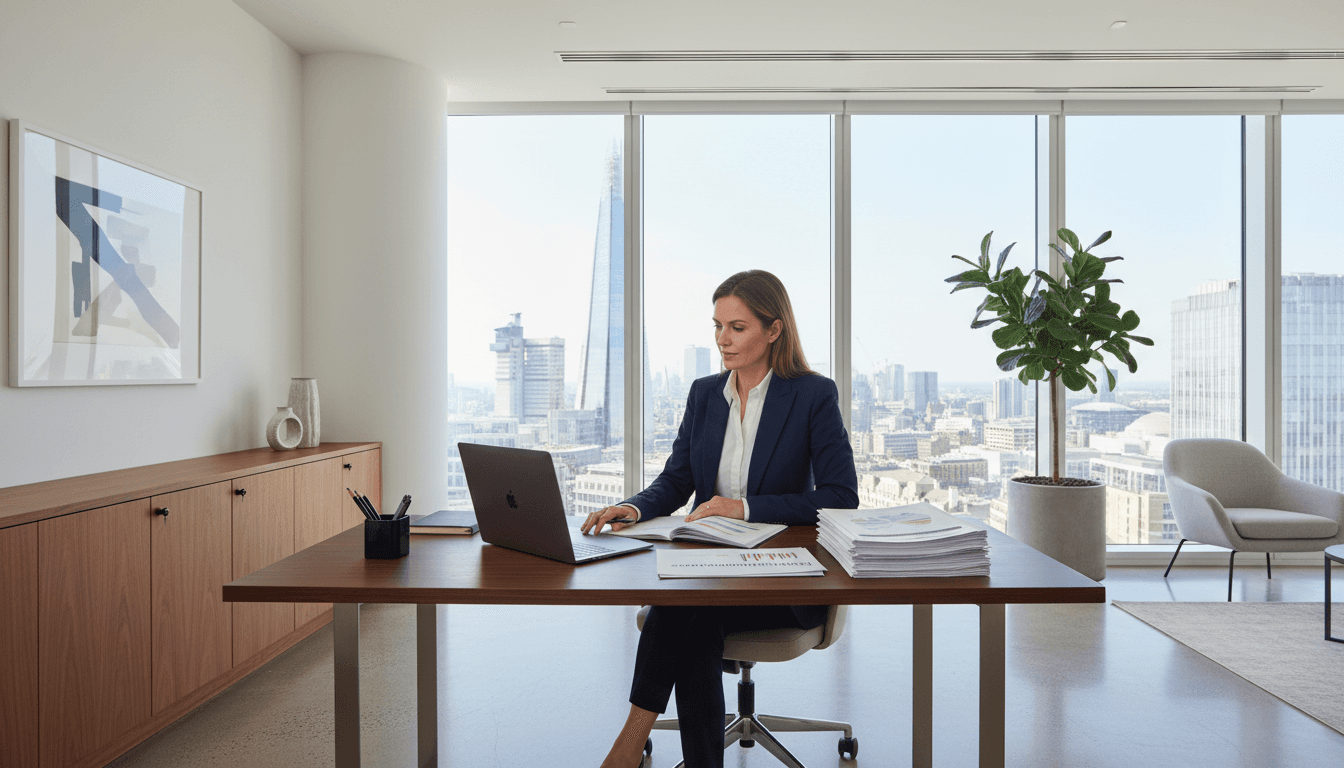 Sales professional reviewing client conversion documents at a desk in a modern office