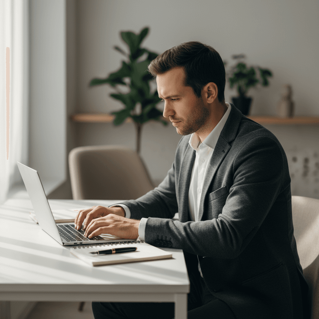 Professional consultant focused at desk with laptop