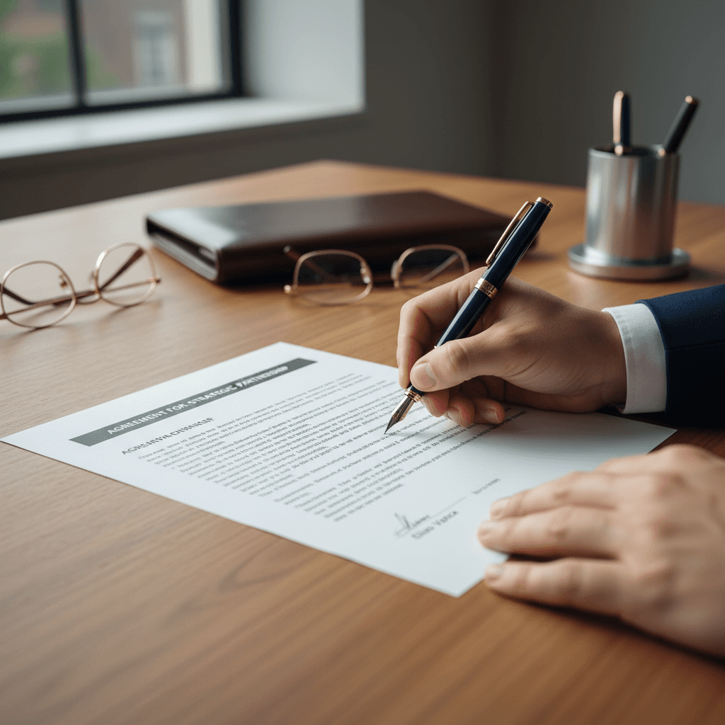 Professional signing a high-value contract at a modern desk with London skyline in background