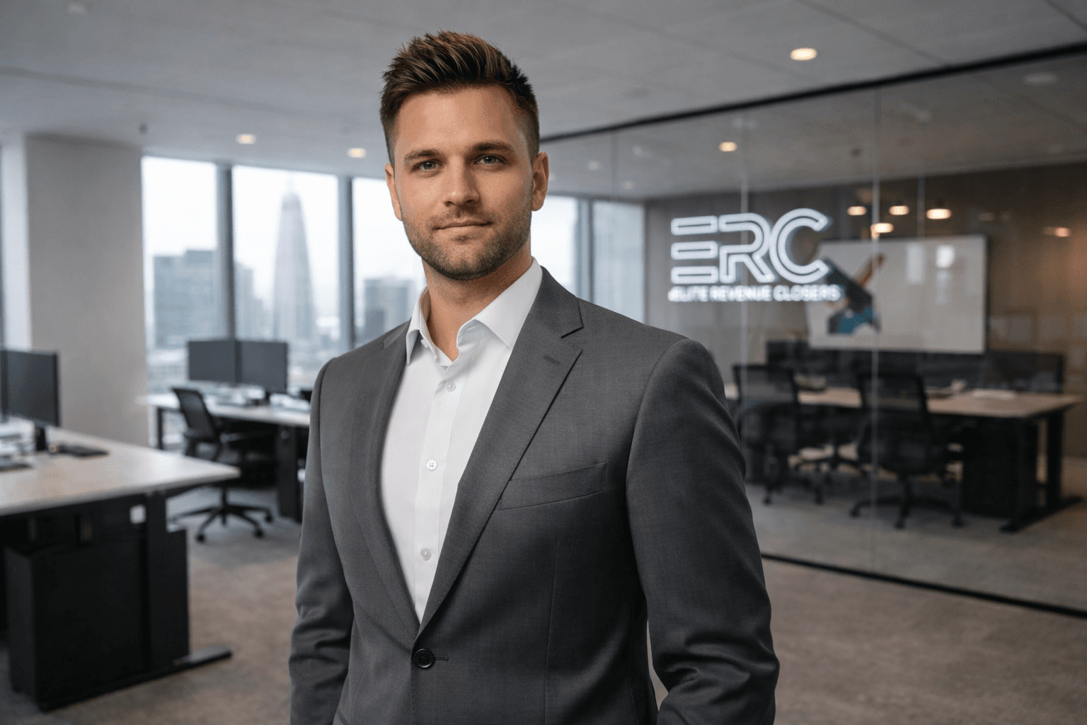 Professional man in a grey suit standing in a modern office with city skyline views.